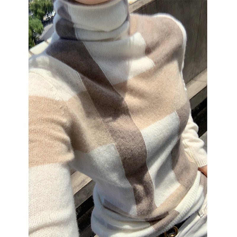 Back to college outfits Christmas Gift New Cashmere Sweater Women's High-Neck Color Matching 100% Pure Wool Pullover Fashion Plus Size Warm Knitted Bottoming Shir-A fx0615