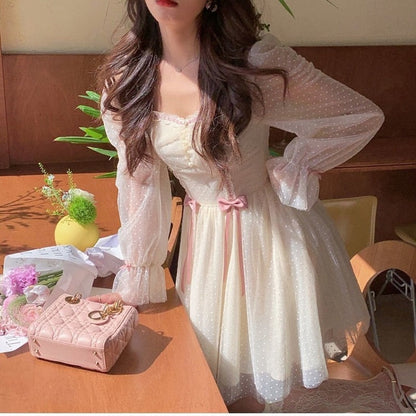 Back to college outfits Solvbao  Autumn Elegant Princess Dress Women Sweet Dot Party Long Sleeve Fairy Dress Female Casual Vintage Korean Kawaii Mini Dress fx0615