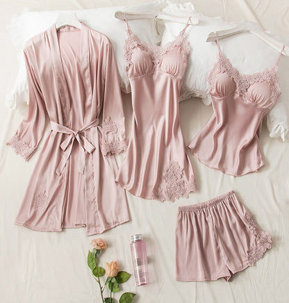 Women Pajamas 5PCS Pajamas Sets Satin Sleepwear Pijama Silk Home Wear Clothing Sexy Lace Sleep Lounge Pyjamas with Chest Pads