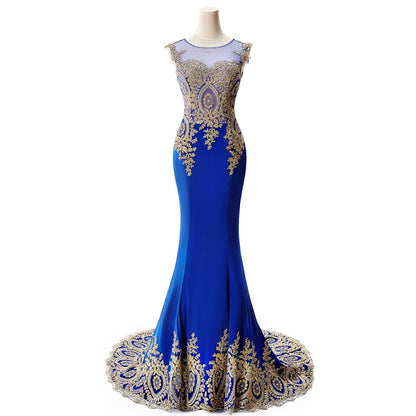 Solvbao Plus Size Blue Prom Dresses Long Women Mermaid Train Party Gown Birthday Gift Lady Luxury Gold Lace Appliques See through Back