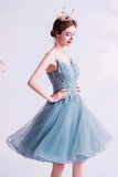 solvbao Blue V-Neck Lace Short Prom Dress, A-Line Evening Party Dress