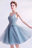 solvbao Blue V-Neck Lace Short Prom Dress, A-Line Evening Party Dress