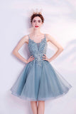 solvbao Blue V-Neck Lace Short Prom Dress, A-Line Evening Party Dress