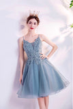 solvbao Blue V-Neck Lace Short Prom Dress, A-Line Evening Party Dress