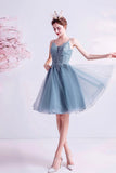 solvbao Blue V-Neck Lace Short Prom Dress, A-Line Evening Party Dress