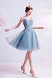 solvbao Blue V-Neck Lace Short Prom Dress, A-Line Evening Party Dress