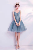 solvbao Blue V-Neck Lace Short Prom Dress, A-Line Evening Party Dress