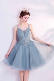 solvbao Blue V-Neck Lace Short Prom Dress, A-Line Evening Party Dress