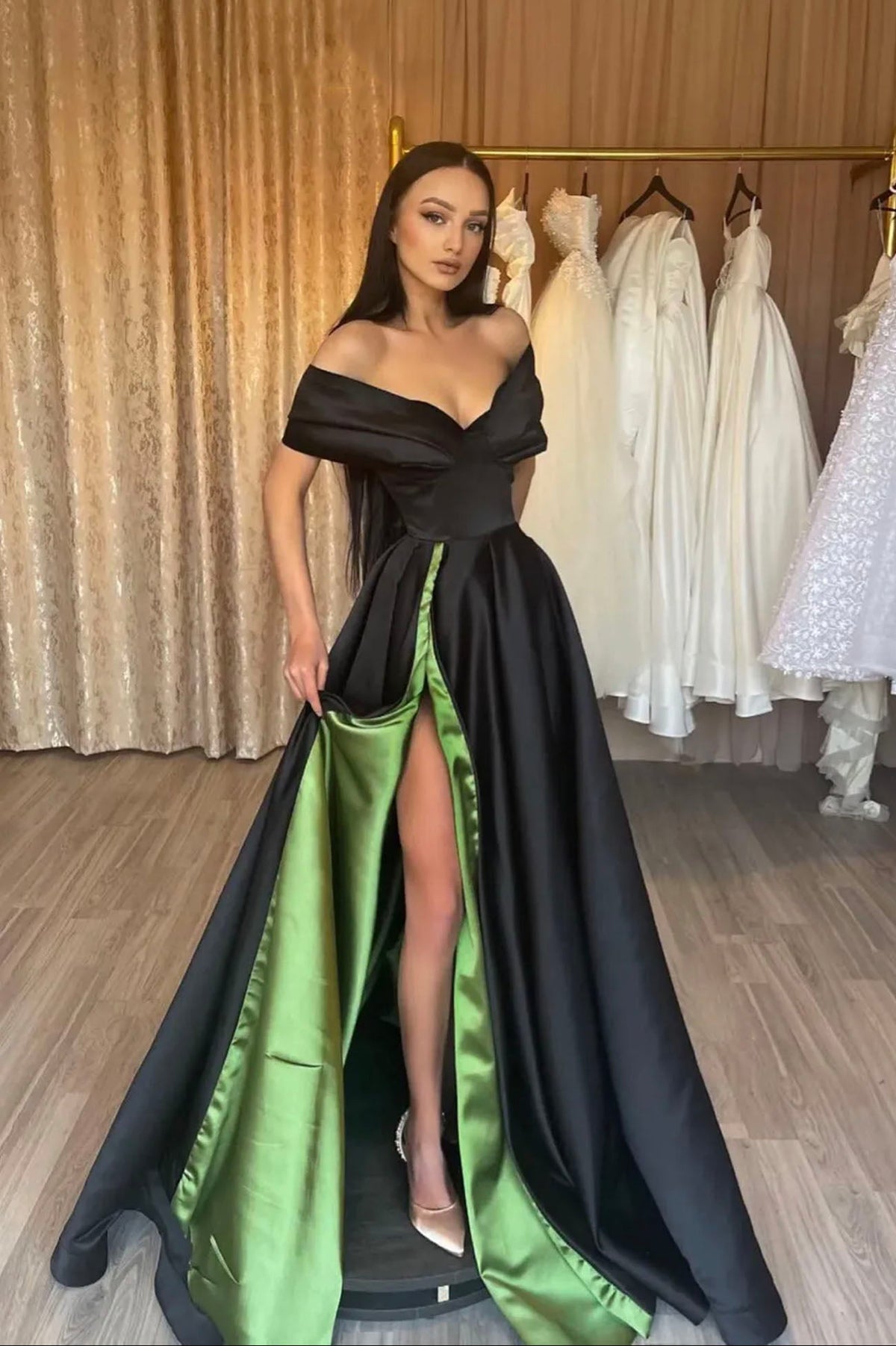 solvbao Black Satin High Split Prom Dress, Off the Shoulder Evening Dress