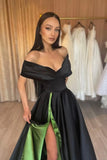 solvbao Black Satin High Split Prom Dress, Off the Shoulder Evening Dress