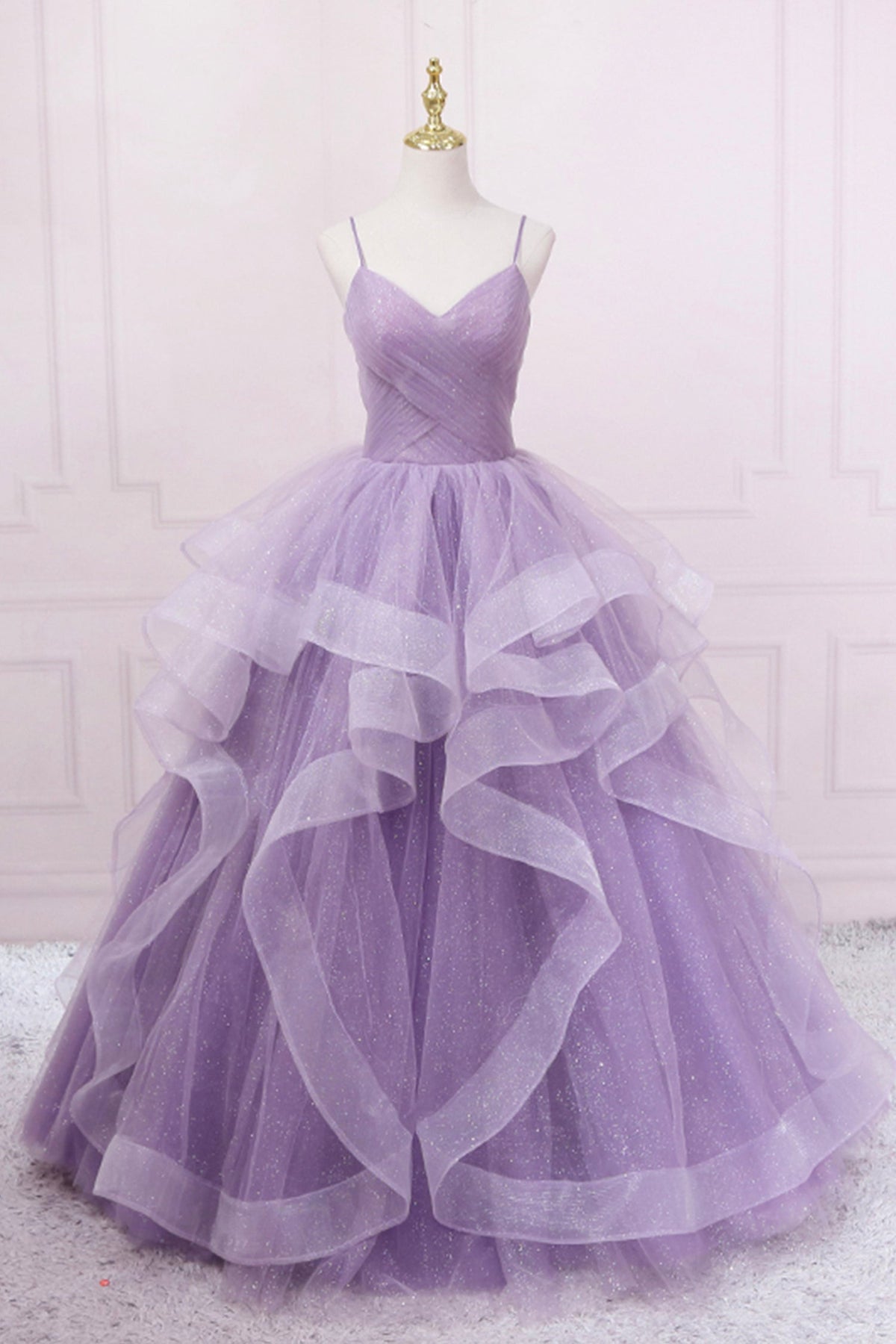 solvbao Purple Tulle Long Prom Dress, A-Line Spaghetti Strap Evening Gown