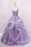 solvbao Purple Tulle Long Prom Dress, A-Line Spaghetti Strap Evening Gown