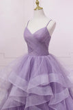 solvbao Purple Tulle Long Prom Dress, A-Line Spaghetti Strap Evening Gown