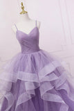 solvbao Purple Tulle Long Prom Dress, A-Line Spaghetti Strap Evening Gown