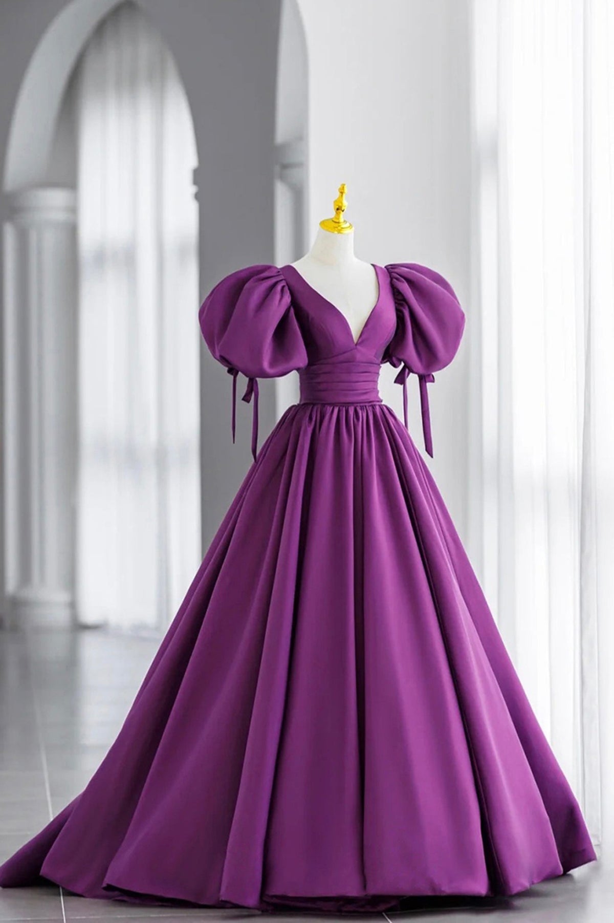 solvbao Purple Puff Sleeves Satin Long Prom Dress, V-Neck Evening Dress