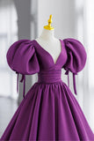 solvbao Purple Puff Sleeves Satin Long Prom Dress, V-Neck Evening Dress