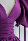 solvbao Purple Puff Sleeves Satin Long Prom Dress, V-Neck Evening Dress