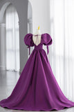 solvbao Purple Puff Sleeves Satin Long Prom Dress, V-Neck Evening Dress