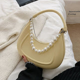 Back To College  Kawaii Tote PU Leather Half Moon Armpit Bag With Pearl Short Handle Women's Designer Handbag Luxury Shoulder Crossbody Bag