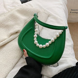 Back To College  Kawaii Tote PU Leather Half Moon Armpit Bag With Pearl Short Handle Women's Designer Handbag Luxury Shoulder Crossbody Bag