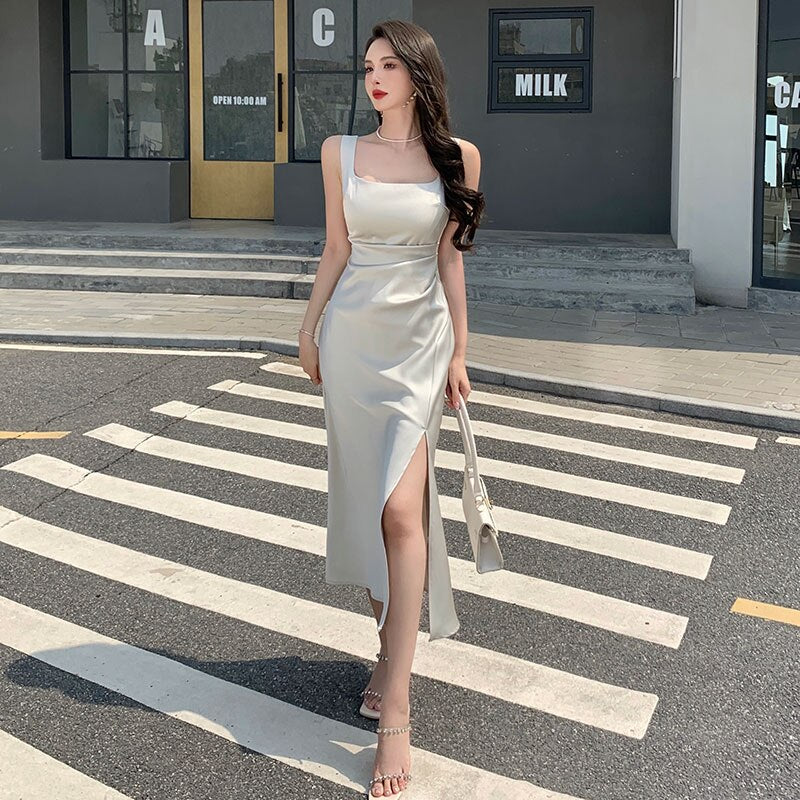 Solvbao Summer Fashion Women Elegant White Satin French Dress Sexy Square Collar Silk Long Bodycon Dress Wedding Cocktail Prom Dresses