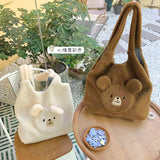 solvbao Soft Plush Tote Bag Women 3D Cartoon Bear Print Kawaii Shoulder Bag For Women Imitation Lamb Hair Warm Winter Handbags Big Bag