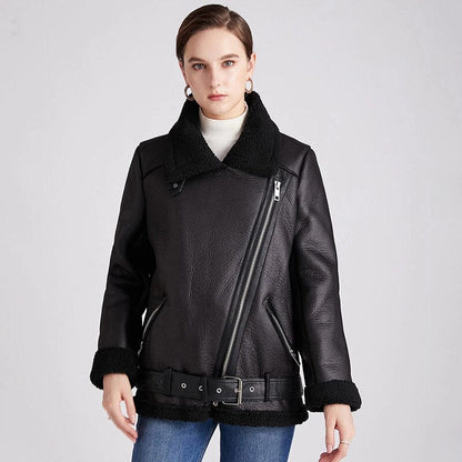 Black Friday Sales New Women Winter Lambs Wool Parkas Fur Collar Zipper Jacket Warm Thick Outerwear Faux Lamb Leather Coat Moto Outwear