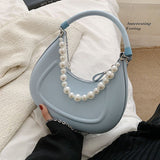 Back To College  Kawaii Tote PU Leather Half Moon Armpit Bag With Pearl Short Handle Women's Designer Handbag Luxury Shoulder Crossbody Bag