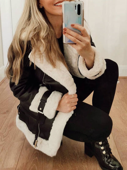 Black Friday Sales Ailegogo Autumn Winter Coat Women Pu Faux Soft Leather Black White Sheepskin Fur Jacket Female Aviator Outwear Casaco Feminino