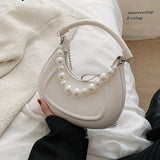 Back To College  Kawaii Tote PU Leather Half Moon Armpit Bag With Pearl Short Handle Women's Designer Handbag Luxury Shoulder Crossbody Bag