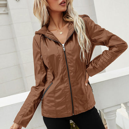 Black Friday Sales Spring Autumn Women Hooded Faux Soft Pu Leather Jacket Streetwear Female Moto Biker Zipper Coat Lady Windproof Outwear