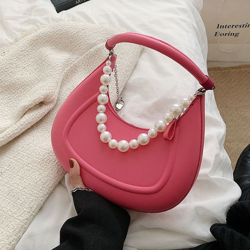 Back To College  Kawaii Tote PU Leather Half Moon Armpit Bag With Pearl Short Handle Women's Designer Handbag Luxury Shoulder Crossbody Bag