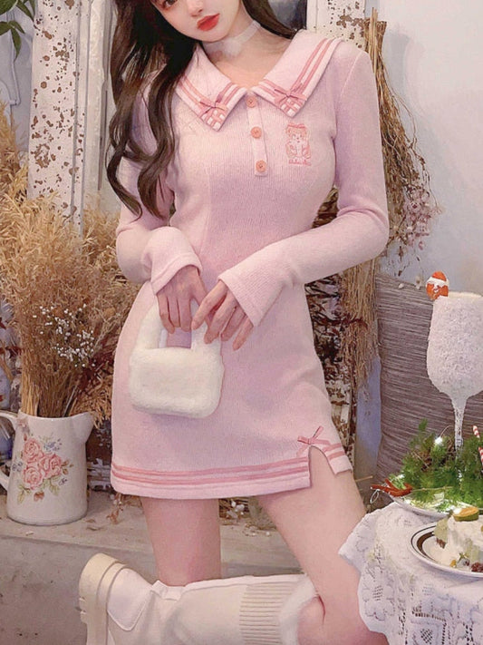 Back to school outfit Solvbao  Japanese Pink Sweet Kawaii Dress Women Bodycon Elegant Sexy Party Mini Dress Female White Knit Casual Korean Fashion Dress K117