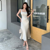 Solvbao Summer Fashion Women Elegant White Satin French Dress Sexy Square Collar Silk Long Bodycon Dress Wedding Cocktail Prom Dresses