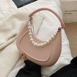 Back To College  Kawaii Tote PU Leather Half Moon Armpit Bag With Pearl Short Handle Women's Designer Handbag Luxury Shoulder Crossbody Bag