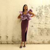 solvbao  Elegant Side Split Satin Evening Dresses Pleat Cap Sleeves Tea Length Prom Gown Lady Formal Occasion Dress