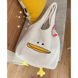 solvbao Kawaii Tote Bag Women Cartoon Duck Embroidery Plush Handbags and Purses Soft Imitation Lamb Hair Shoulder Bag For Women Bolsas