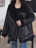 Black Friday Sales New Women Lamb Fur Faux Leather Jacket Coat Turn Down Collar Winter Thick Warm Zipper With Belt Outerwear