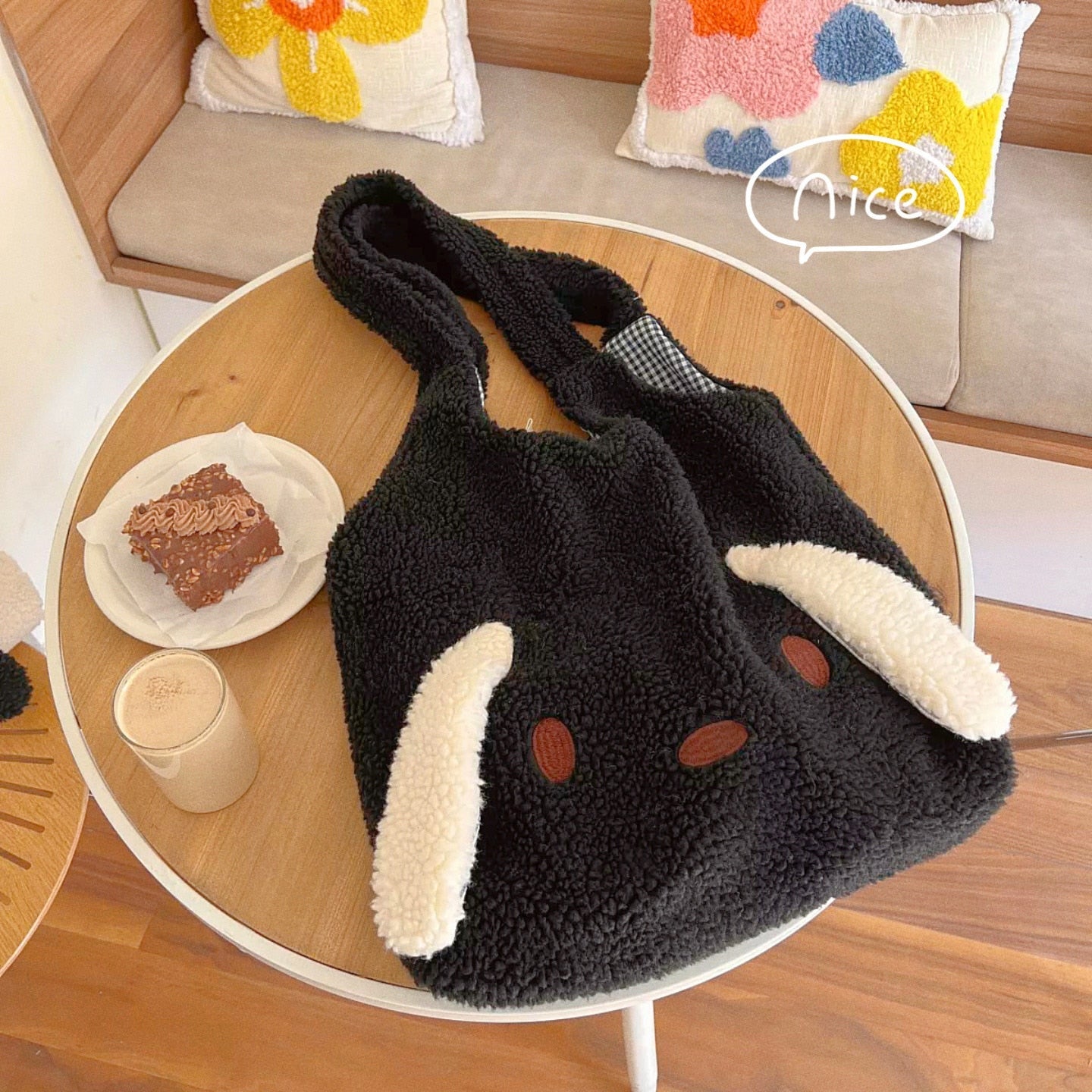 solvbao  New Winter Warm Plush Bag Women Imitation Lamb Hair Cartoon Dog Ears Shoulder Bag For Women Large-capacity Tote Bag Handbag