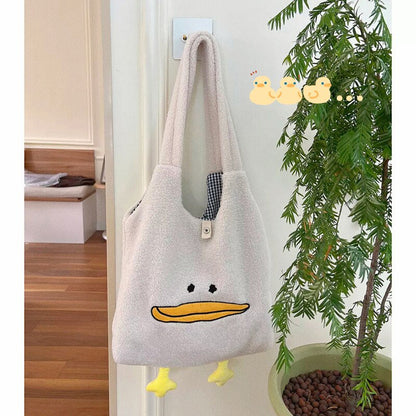 solvbao Kawaii Tote Bag Women Cartoon Duck Embroidery Plush Handbags and Purses Soft Imitation Lamb Hair Shoulder Bag For Women Bolsas