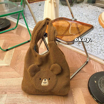 solvbao Soft Plush Tote Bag Women 3D Cartoon Bear Print Kawaii Shoulder Bag For Women Imitation Lamb Hair Warm Winter Handbags Big Bag