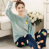 solvbao Winter Warm Flannel Women Pyjamas Sets Thick Coral Velvet Long Sleeve Cartoon Sleepwear Thin Flannel Pajamas Set Sleep Wear