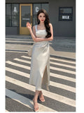 Solvbao Summer Fashion Women Elegant White Satin French Dress Sexy Square Collar Silk Long Bodycon Dress Wedding Cocktail Prom Dresses