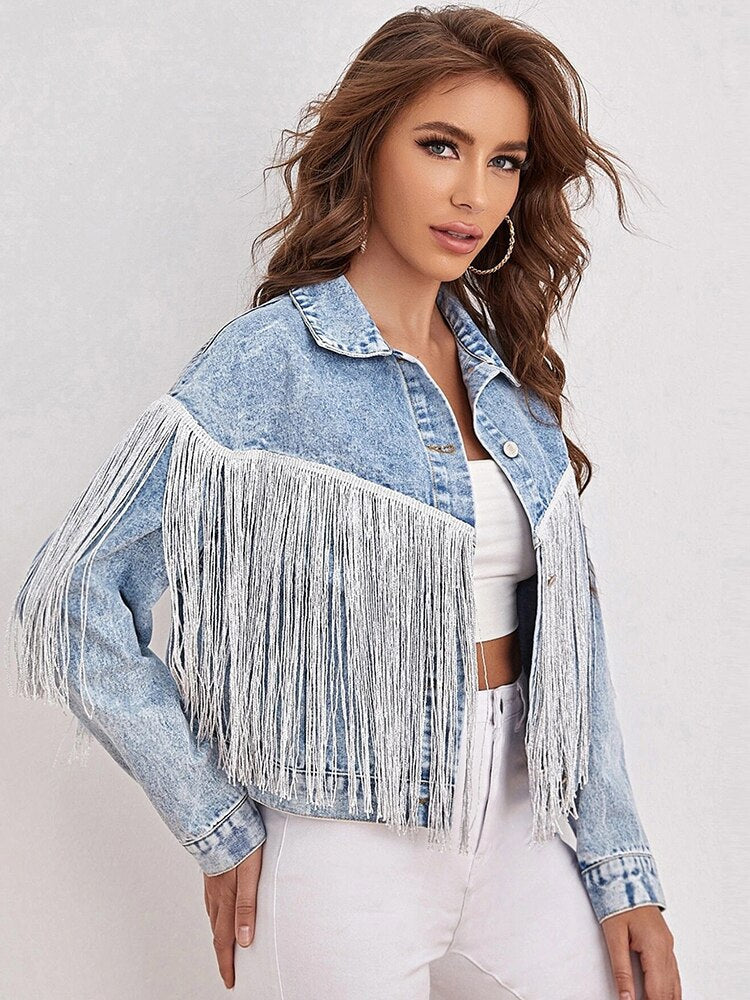 Black Friday Sales New Spring Women Loose Tassel Washed Blue Denim Jacket Streetwear Female Retro Short Coat Ladies Outwear