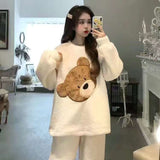 solvbao Winter Warm Flannel Women Pyjamas Sets Thick Coral Velvet Long Sleeve Cartoon Sleepwear Thin Flannel Pajamas Set Sleep Wear