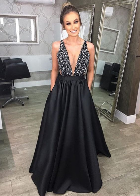 Solvbao Deep V-Neck Sequined Evening Robe Dress Fashion Elegant Backless Black Long Sweep Train For Women Cocktail Prom Dress