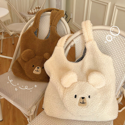 solvbao Soft Plush Tote Bag Women 3D Cartoon Bear Print Kawaii Shoulder Bag For Women Imitation Lamb Hair Warm Winter Handbags Big Bag