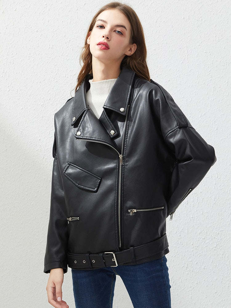 Black Friday Sales Spring Autumn Faux Leather Jacket With Belt Women Casual Loose Biker Outwear Female BF Black Leather Coat