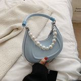 Back To College  Kawaii Tote PU Leather Half Moon Armpit Bag With Pearl Short Handle Women's Designer Handbag Luxury Shoulder Crossbody Bag