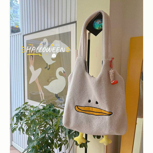 solvbao Kawaii Tote Bag Women Cartoon Duck Embroidery Plush Handbags and Purses Soft Imitation Lamb Hair Shoulder Bag For Women Bolsas